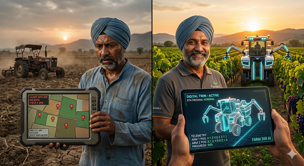Left: Farmer holds a tablet showing field error alerts, with a plowed field and tractor at sunset. Right: Smiling farmer with digital tablet and futuristic tractor in vineyard at sunset.