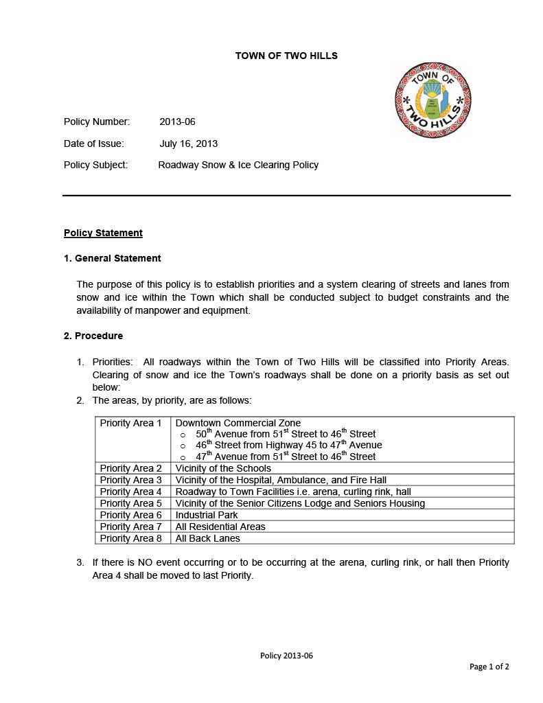 Snow Removal in Town of Two Hills
