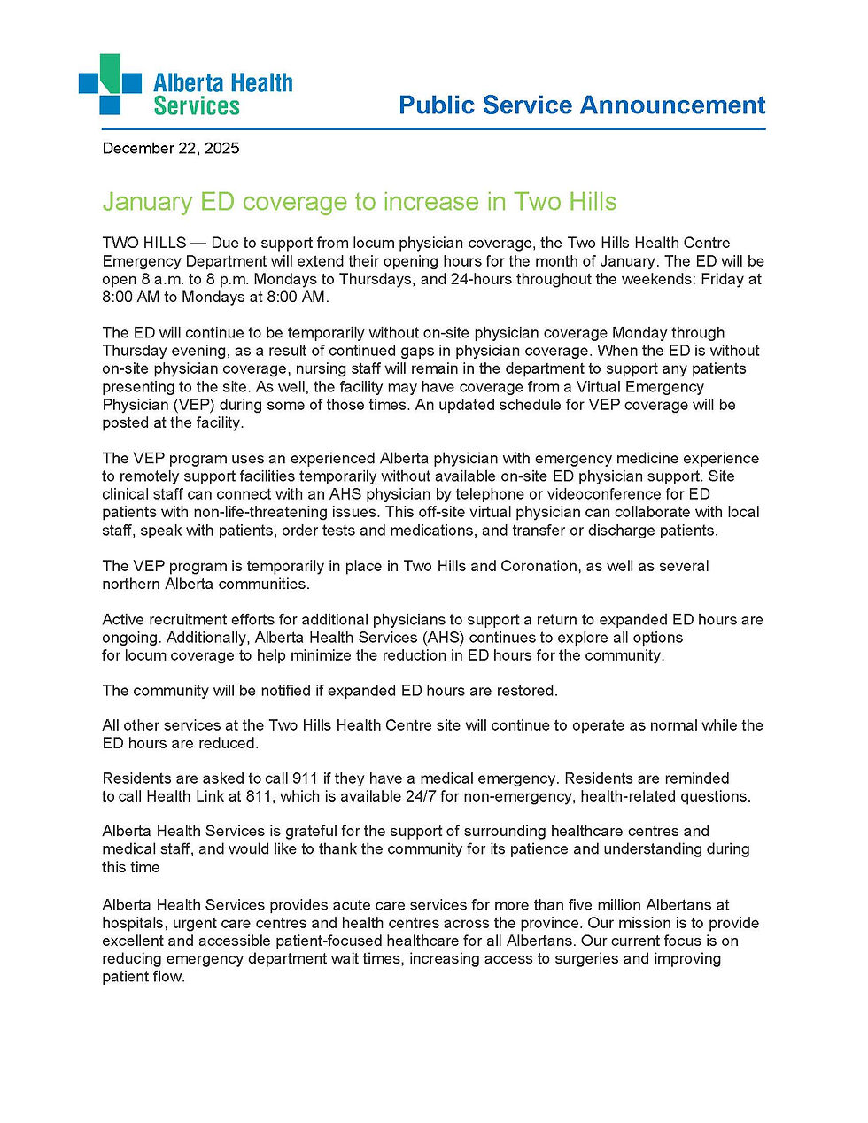 January ED coverage to increase in Two Hills