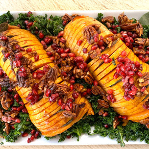 Glazed Butternut Squash And Kale Salad
With
Pomegranate Vinaigrette