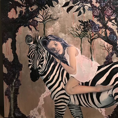 Llena de gracia, óleo y hoja de plata 140x140 cm