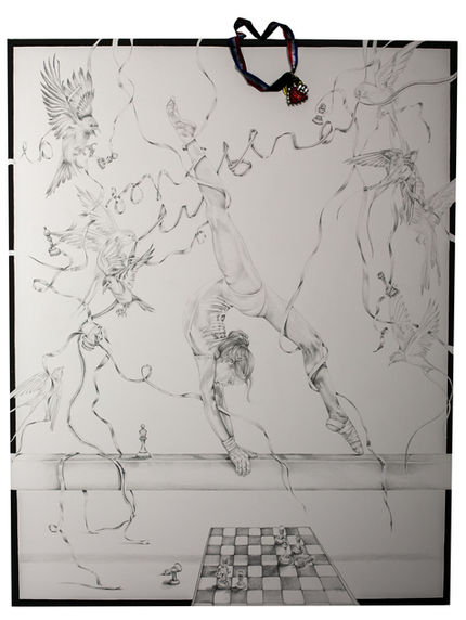 Asunto arreglado matatena calculado, grafito y collage sobre papel entelado, 140x110 cm