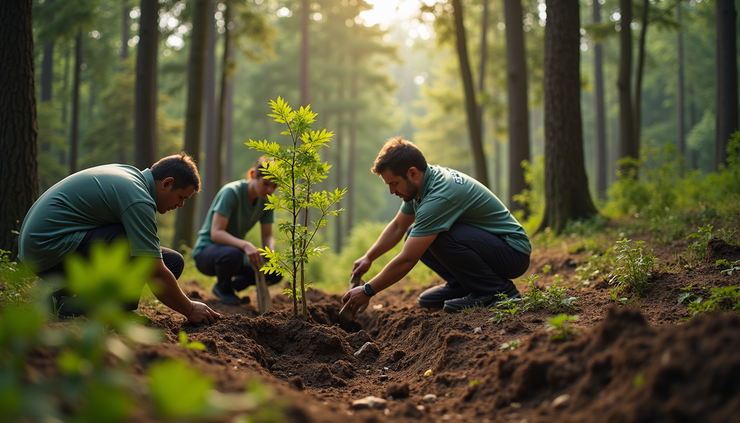High angle view of a small group planting trees in a recovering forest area