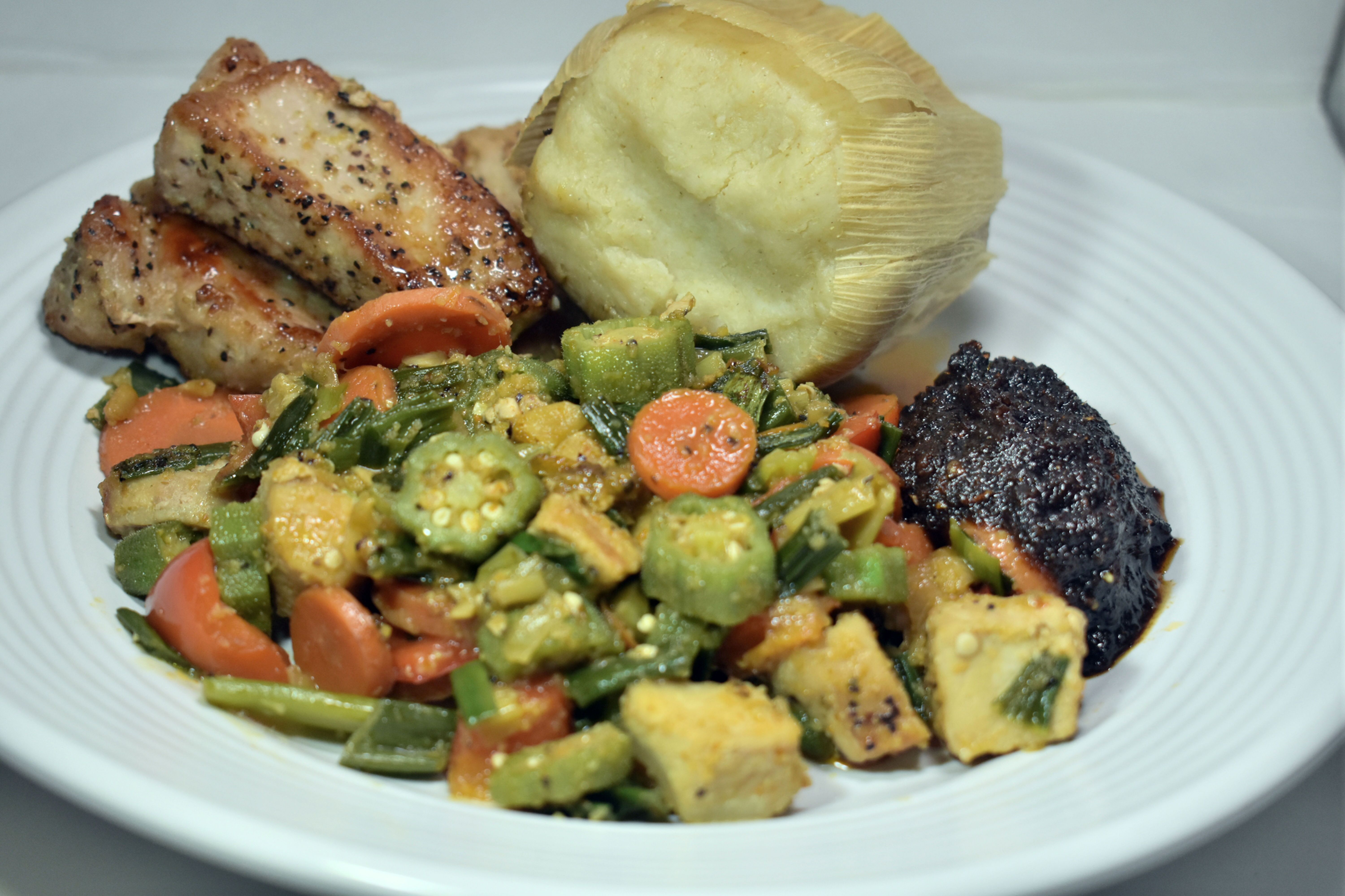 Juicy Pork Chops and Okra/Okro Stir-fry with Ga Kenkey and Shito (Serves 2)