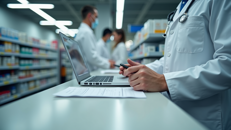 Eye-level view of a pharmacist processing digital prescriptions at a pharmacy counter