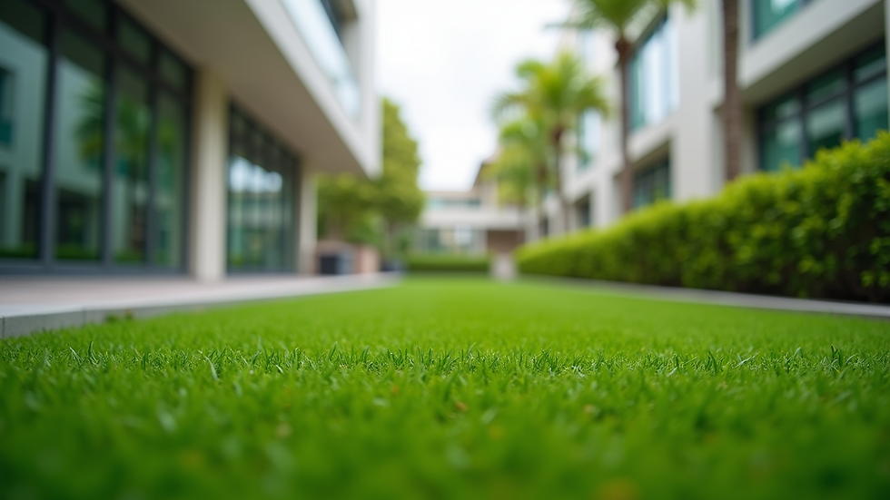 Eye-level view of a landscaped commercial property featuring artificial turf