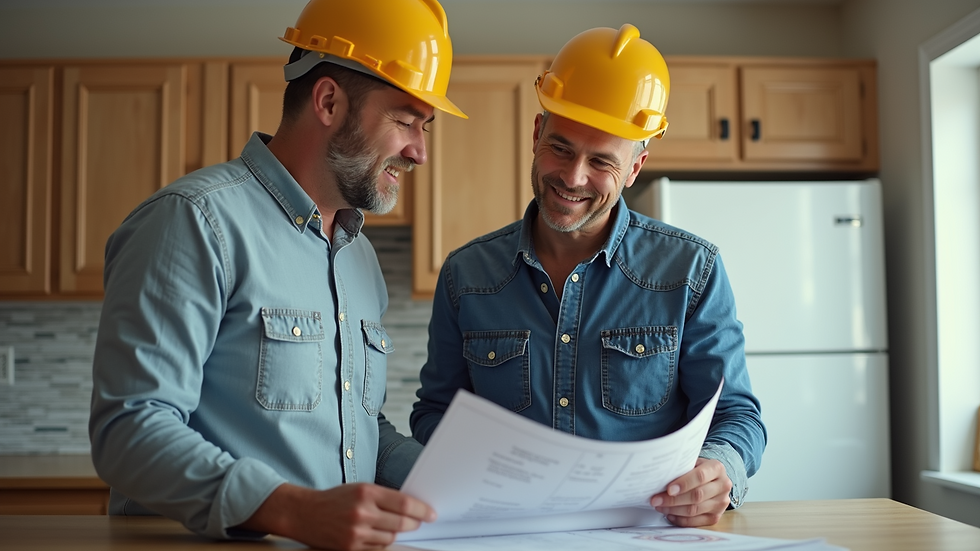 Eye-level view of a contractor discussing plans with a homeowner in a kitchen