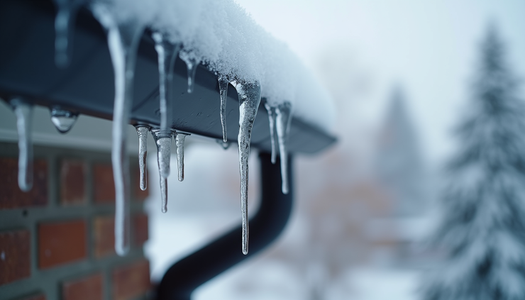 Close-up view of icicles hanging from a residential roof gutter in winter