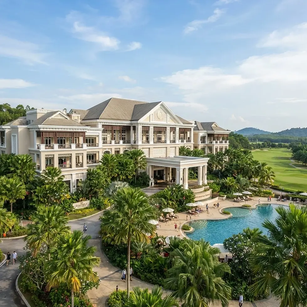 Architectural photography of a luxury resort hotel with a colonial-style facade, lush tropical gardens, and a swimming pool. The scene is bathed in bright, sunny daylight, creating an inviting and tranquil atmosphere.