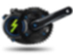 Black electric bike motor with a crank and blue bolts, featuring a green lightning bolt symbol on a blue circle. White background.