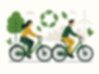 Two people ride green e-bikes in a cityscape with trees, leaves, and a wind turbine. The mood is eco-friendly and vibrant.