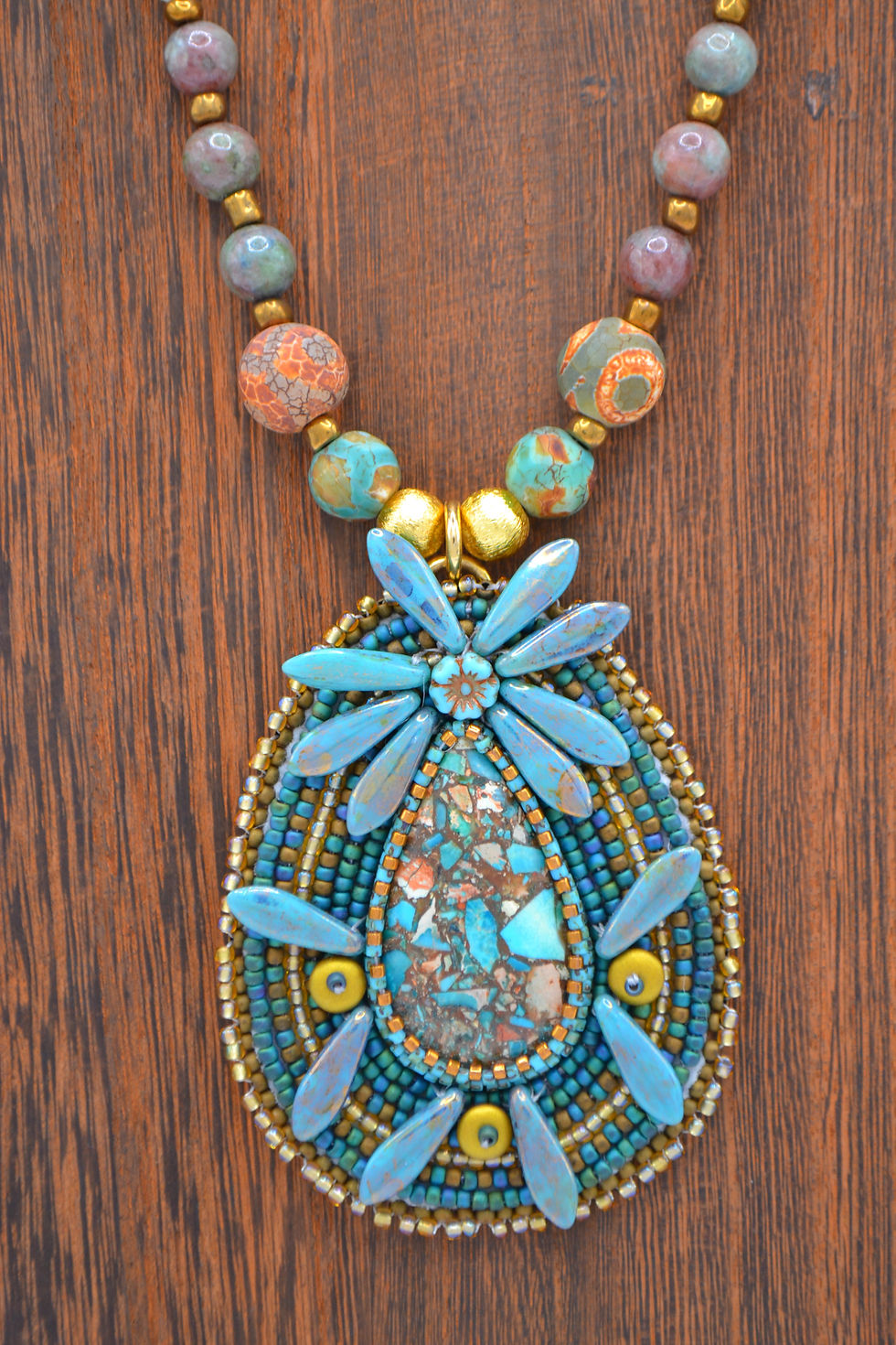 Thumbnail: Earthy Hues Bead Embroidered Pendant with Necklace