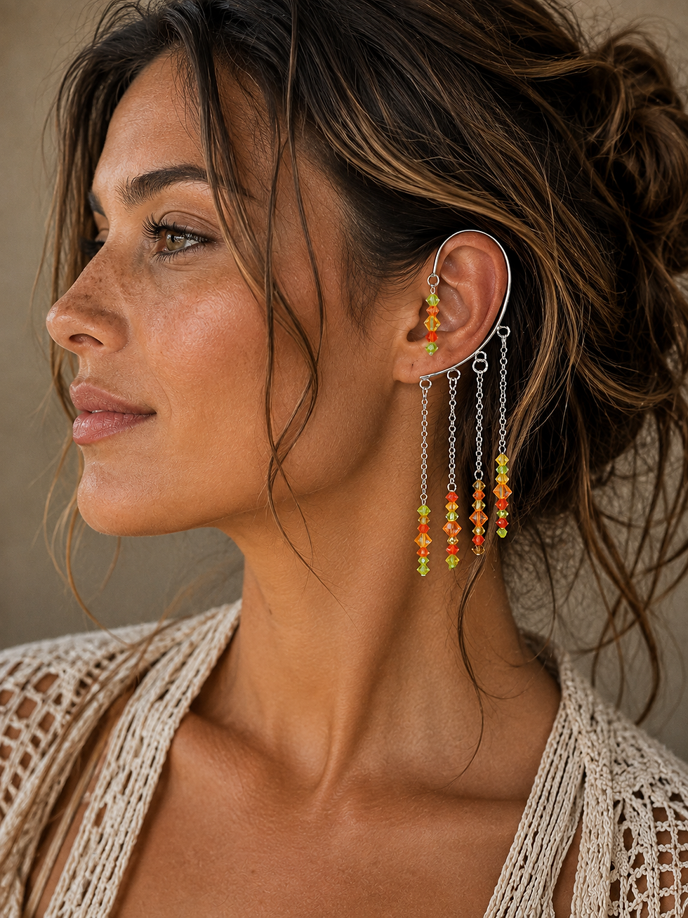 Thumbnail: Woman wearing a silver ear cuff with cascading orange, peach, and lime green crystals