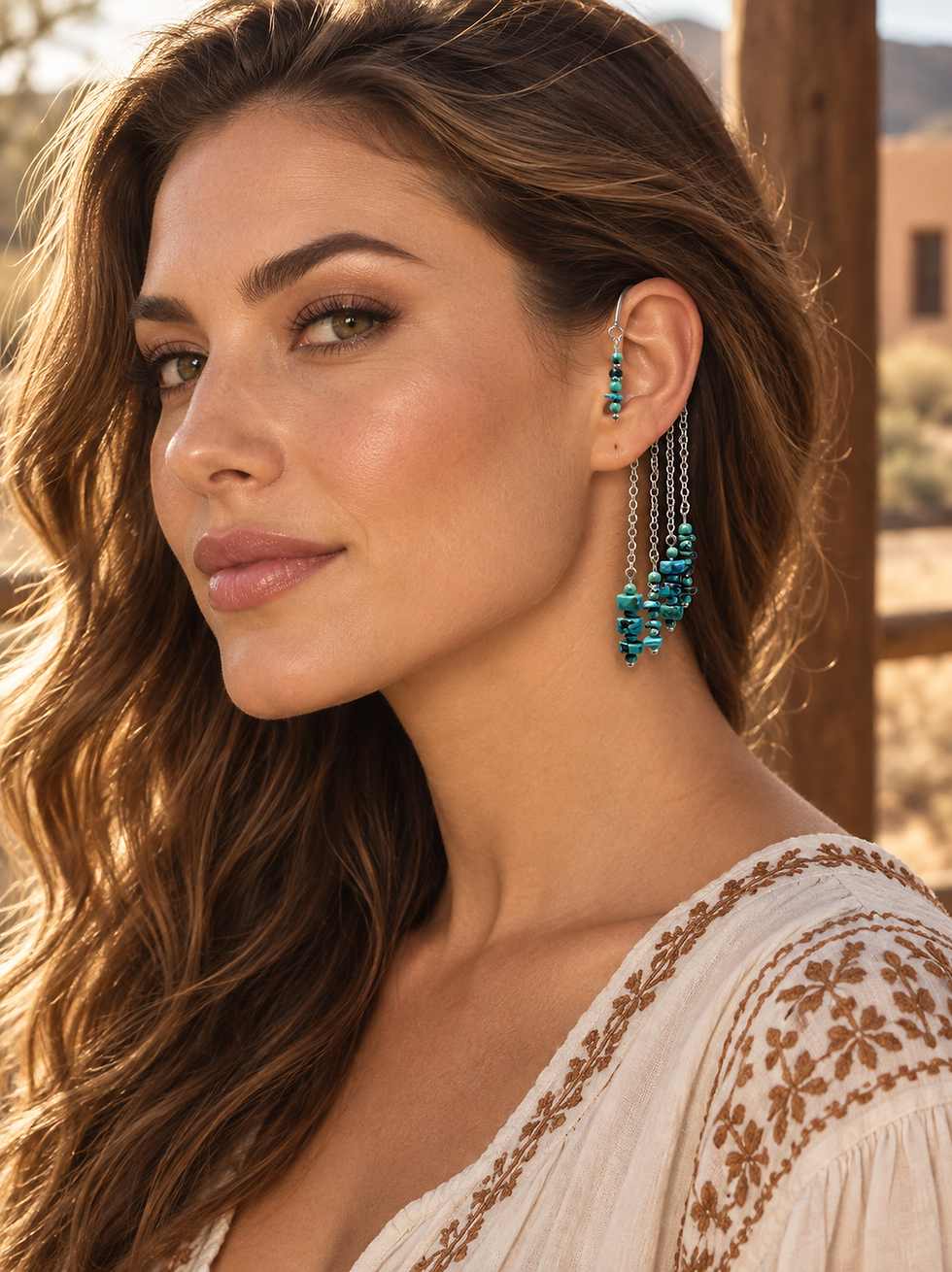 Woman in Western-boho attire wearing a turquoise ear cuff with four cascading silver chains filled with turquoise.