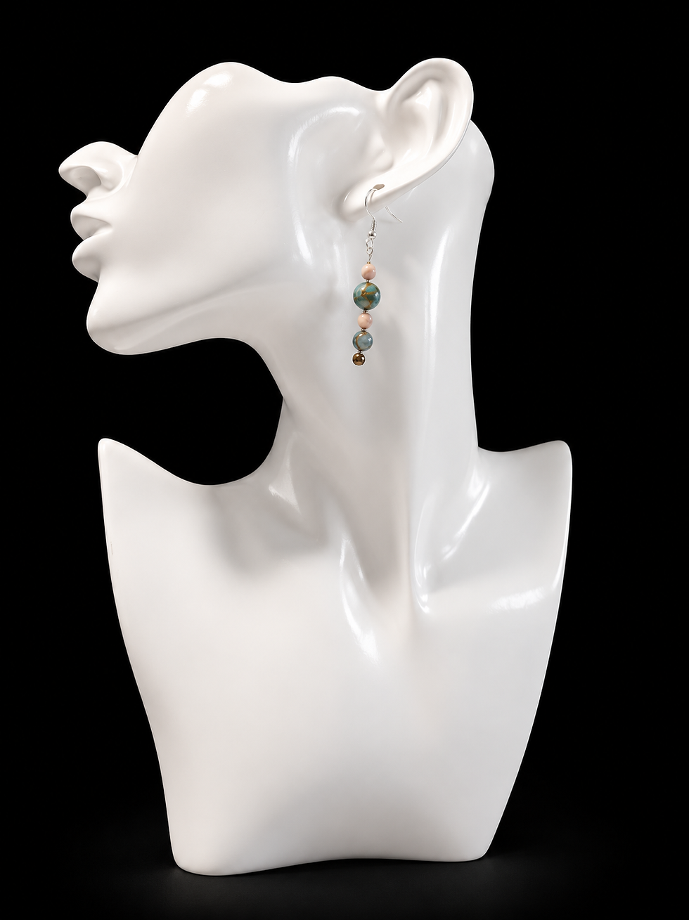 Thumbnail: White jewelry bust with petite blue-green and peach beaded dangle earring.