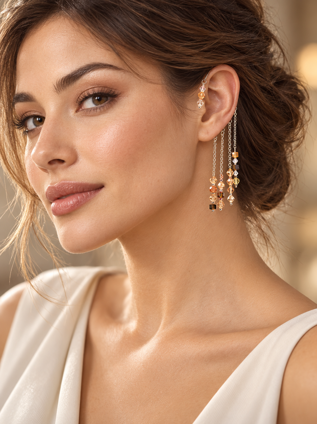 Woman wearing a peach and champagne crystal ear cuff with four cascading silver-tone chains.