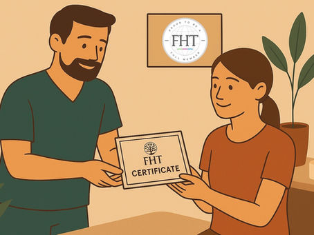 Illustration of a male massage therapist presenting an FHT certificate to a smiling female client in a calm, wellness-focused setting, representing professional accreditation at Indulge Massage Therapy in Doncaster.