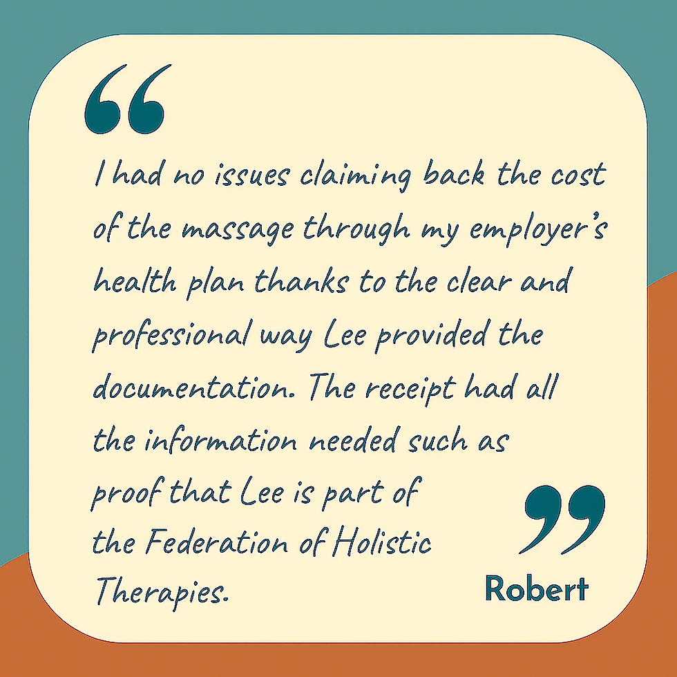 Testimonial graphic for Indulge Massage Therapy in Doncaster featuring a client review from Robert, praising the ease of claiming back massage costs through his employer’s health plan, with a warm teal and terracotta background and elegant italic text in a speech bubble layout.