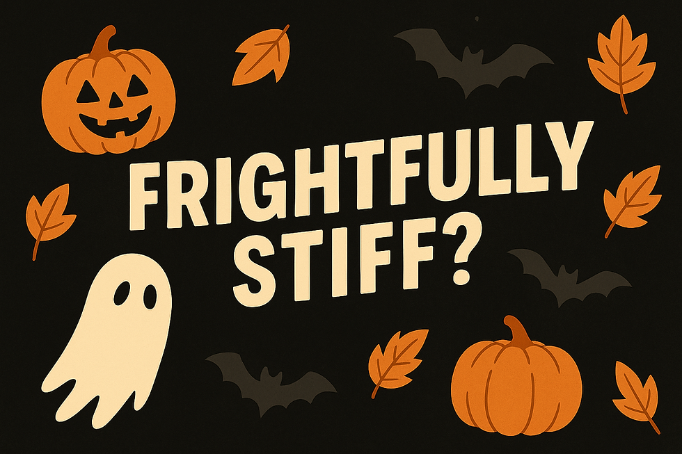 Halloween-themed illustration with the phrase ‘Frightfully Stiff?’ in bold cream text on a black background, surrounded by pumpkins, bats, autumn leaves, and a friendly ghost. Designed to promote Indulge Massage Therapy’s Halloween massage offer.