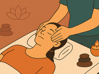 Illustration of a relaxing facial massage at Indulge Massage Therapy in Doncaster, showing a woman lying on a heated couch with her eyes closed while a therapist gently massages her temples, surrounded by calming spa elements like candles, lotus flowers, and stones.