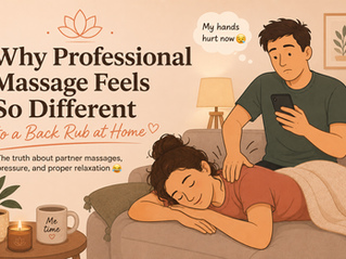 Illustration showing a woman receiving a back rub at home from a distracted partner while explaining why professional massage feels different. Blog image by Indulge Massage Therapy Doncaster.
