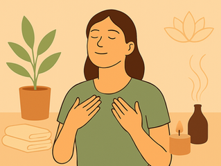 Illustration of a calm woman with her eyes closed, gently placing her hands over her chest while breathing deeply. She’s surrounded by peaceful spa elements, including a potted plant, folded towels, a lit candle, and a diffuser releasing soft steam. The warm beige and green tones create a soothing, relaxed atmosphere symbolising mindfulness and emotional balance.