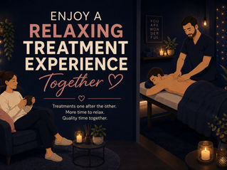 Illustration showing a client relaxing in the waiting area while another client receives a massage treatment from a male therapist at Indulge Massage Therapy in Doncaster.