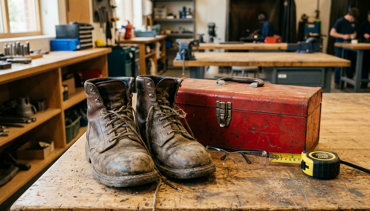 Close-up view of work boots beside a toolbox in a hands-on training workshop.