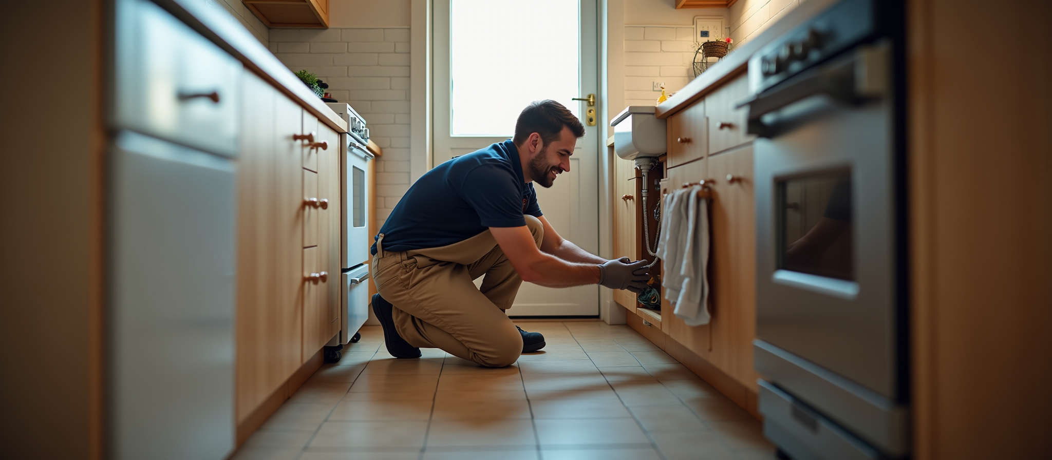 a man in the kitchen fixing the sink plumbing