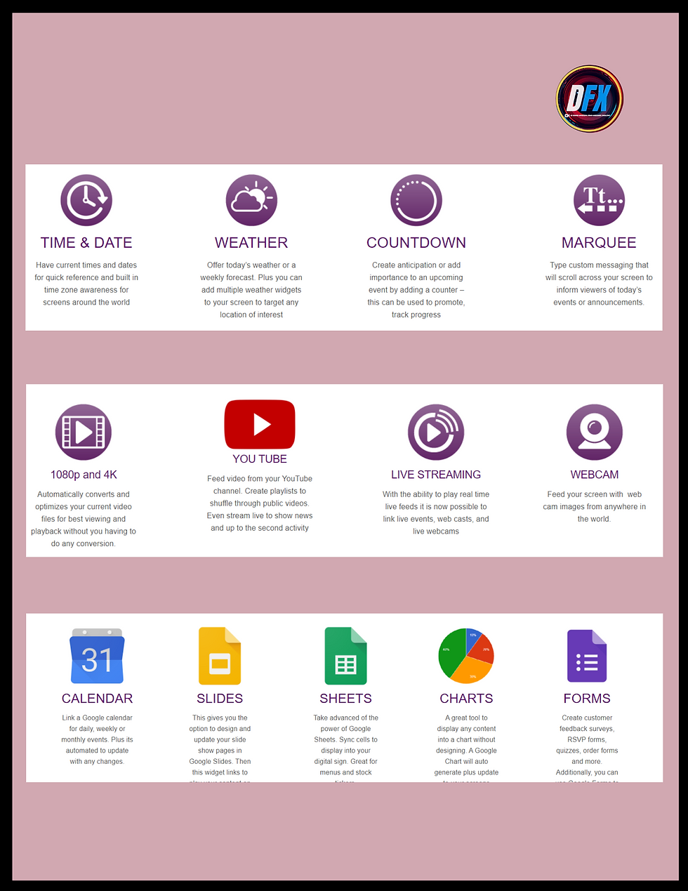Thumbnail: A pink and white DelloFlix promotional flyer showcasing additional features such as time & date, weather, countdowns, marquee, YouTube, live streaming, webcam, and Google integrations (calendar, slides, sheets, charts, forms). DelloFlix logo in the top right corner.