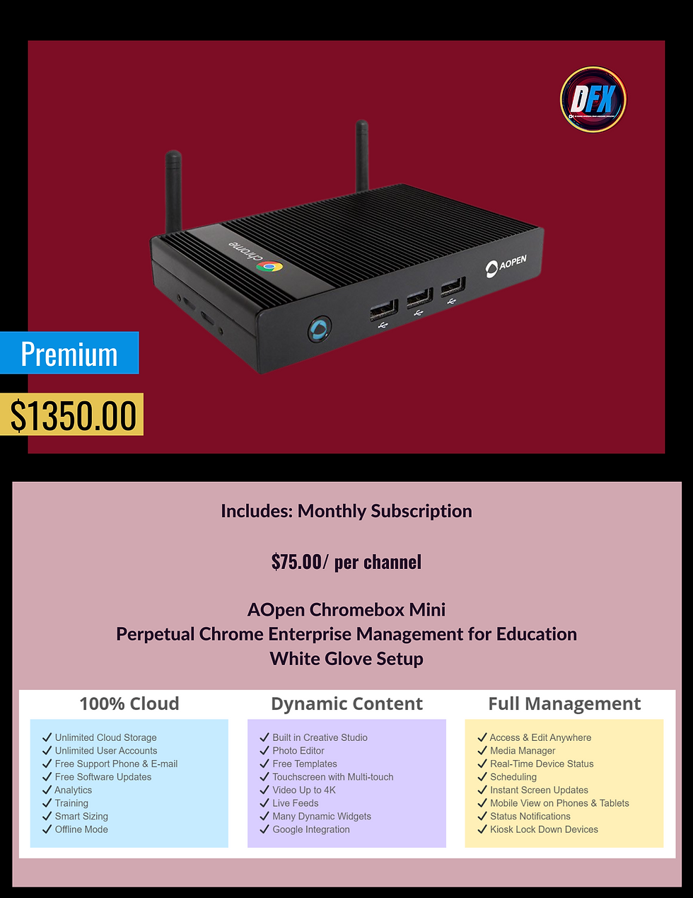 Thumbnail: DelloFlix product pricing flyer featuring an AOpen Chromebox Mini priced at $1350.00 with a $75/month subscription. Includes dynamic content, 100% cloud-based system, and full management options.