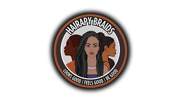 Hairapy Braids logo – circular design featuring three women with different braided hairstyles and the tagline 'Looks Good | Feels Good | Be Good.'