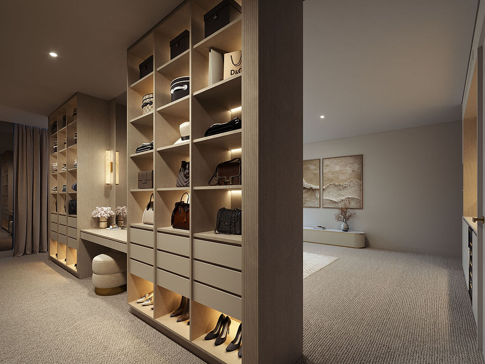 Elegant walk-in closet with shelves, shoes, and bags in a modern bedroom interior.