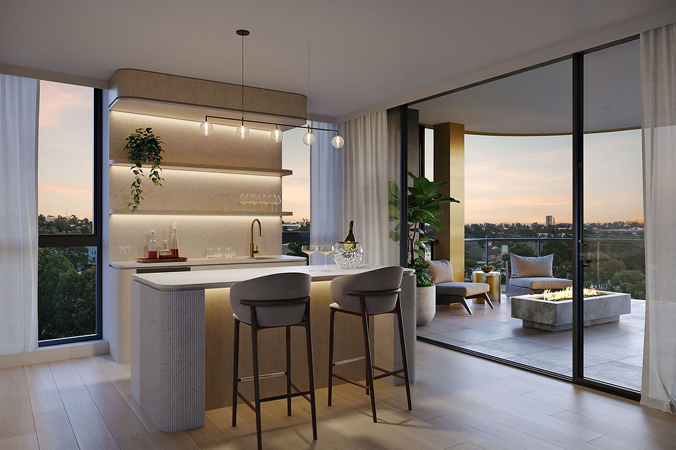 Modern kitchen with bar stools and balcony overlooking a city view. Carrington Place