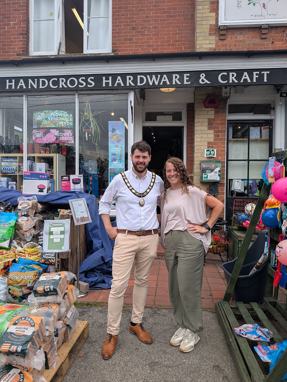 Cllr Duncan Pascoe, Town Mayor of Haywards Heath, and Claudia Da Silva, Volunteer Lead at Handcross Hardware & Craft
