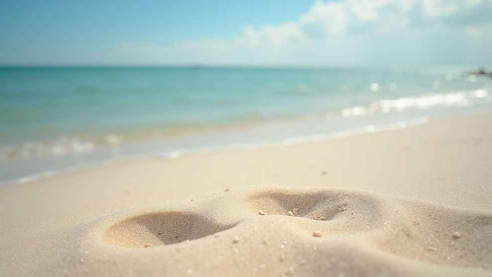 Vue au niveau des yeux d'une plage de sable fin avec des transats alignés