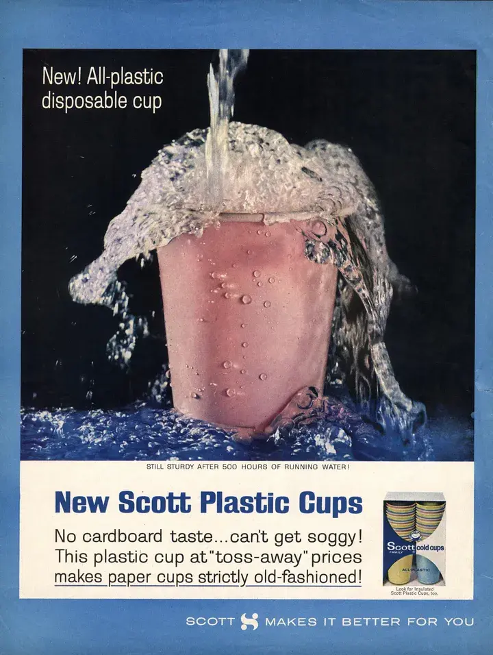 A 1960s magazine ad for disposable plastic cups.