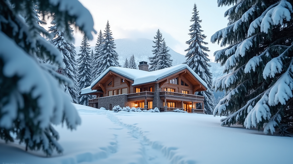 Eye-level view of a luxury mountain chalet with snow-covered pine trees