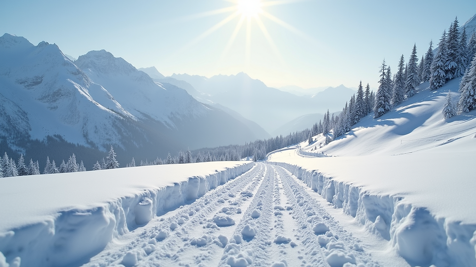 Eye-level view of snow-covered mountain slopes with ski tracks