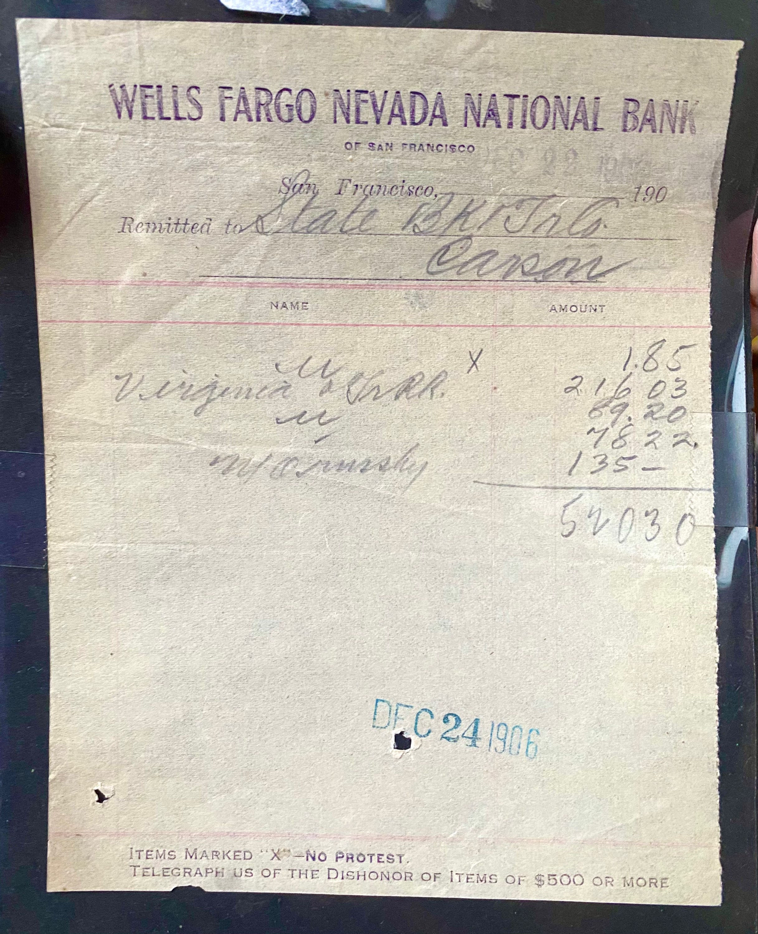 1906 Wells Fargo Nevada National Bank Receipt