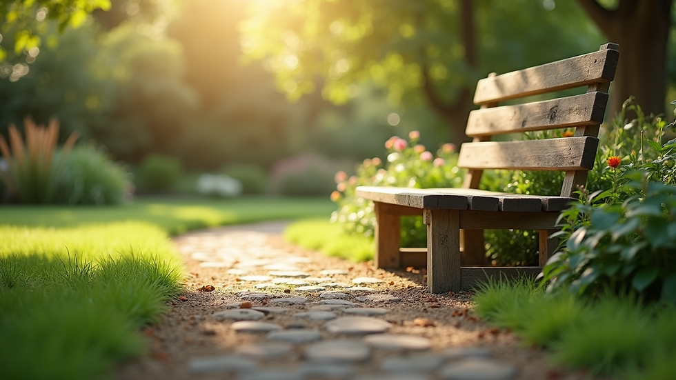 Eye-level view of a peaceful garden with a wooden bench and soft sunlight