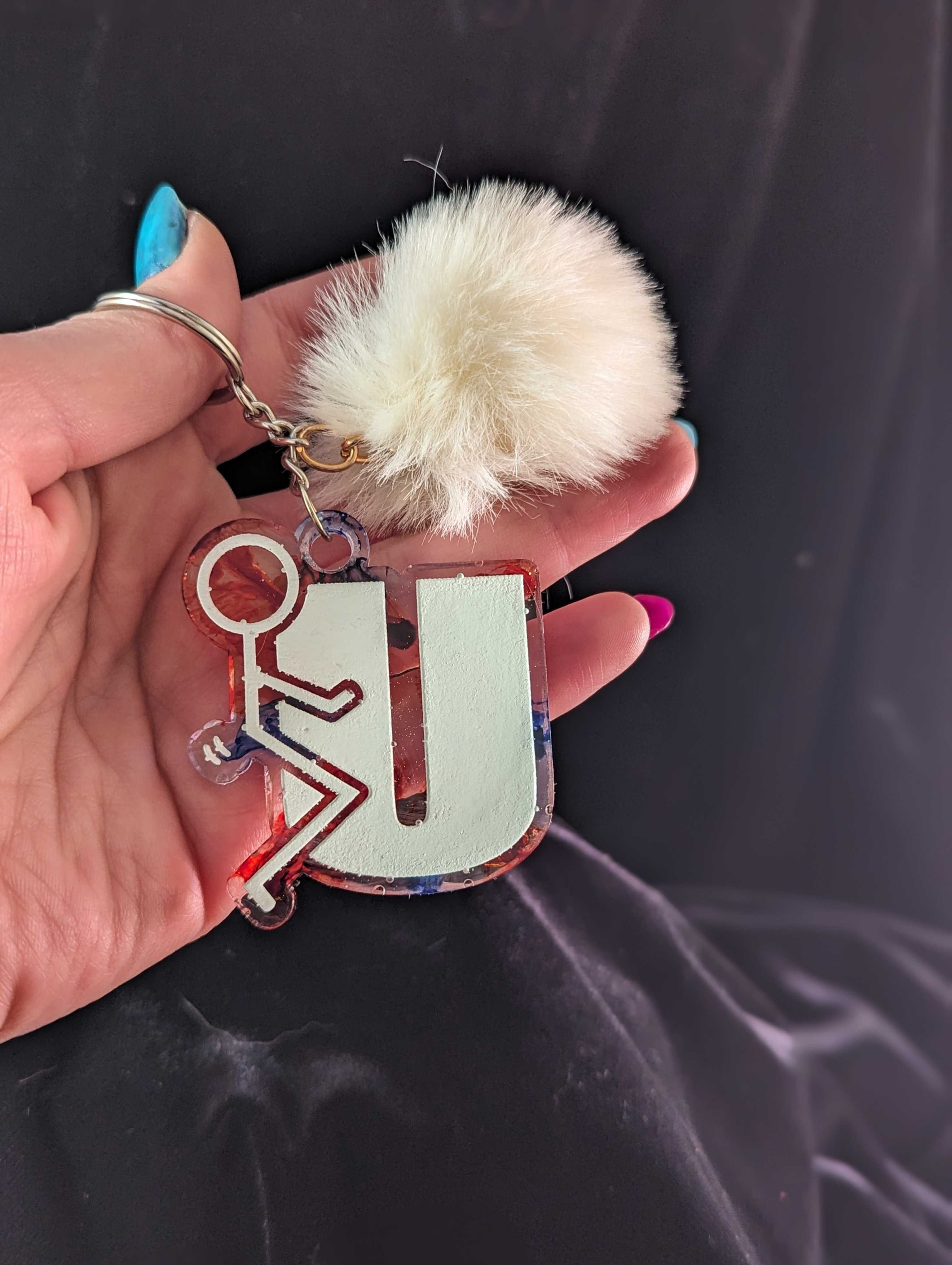 Blue and Red "Eff U" Resin Keychain with Pom pom