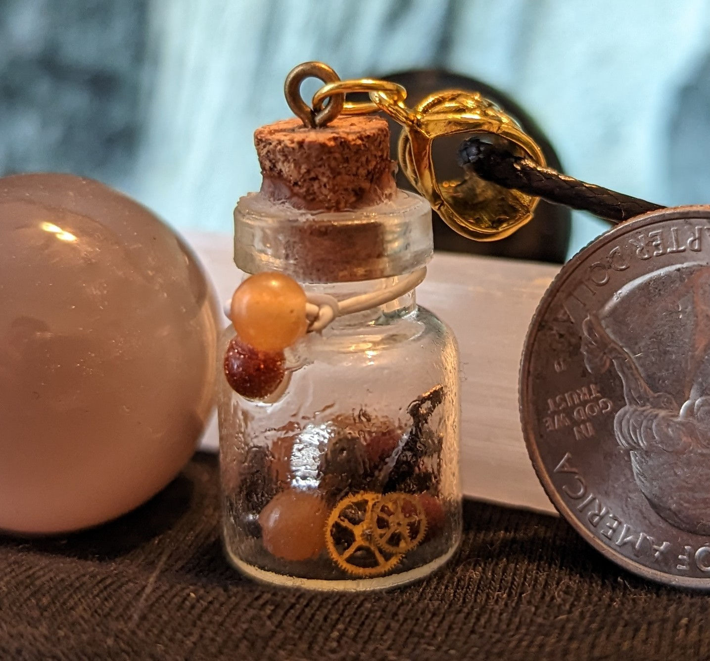 Steampunk  "Potion" Pendant for Ambition with Goldstone and Orange Aventurine