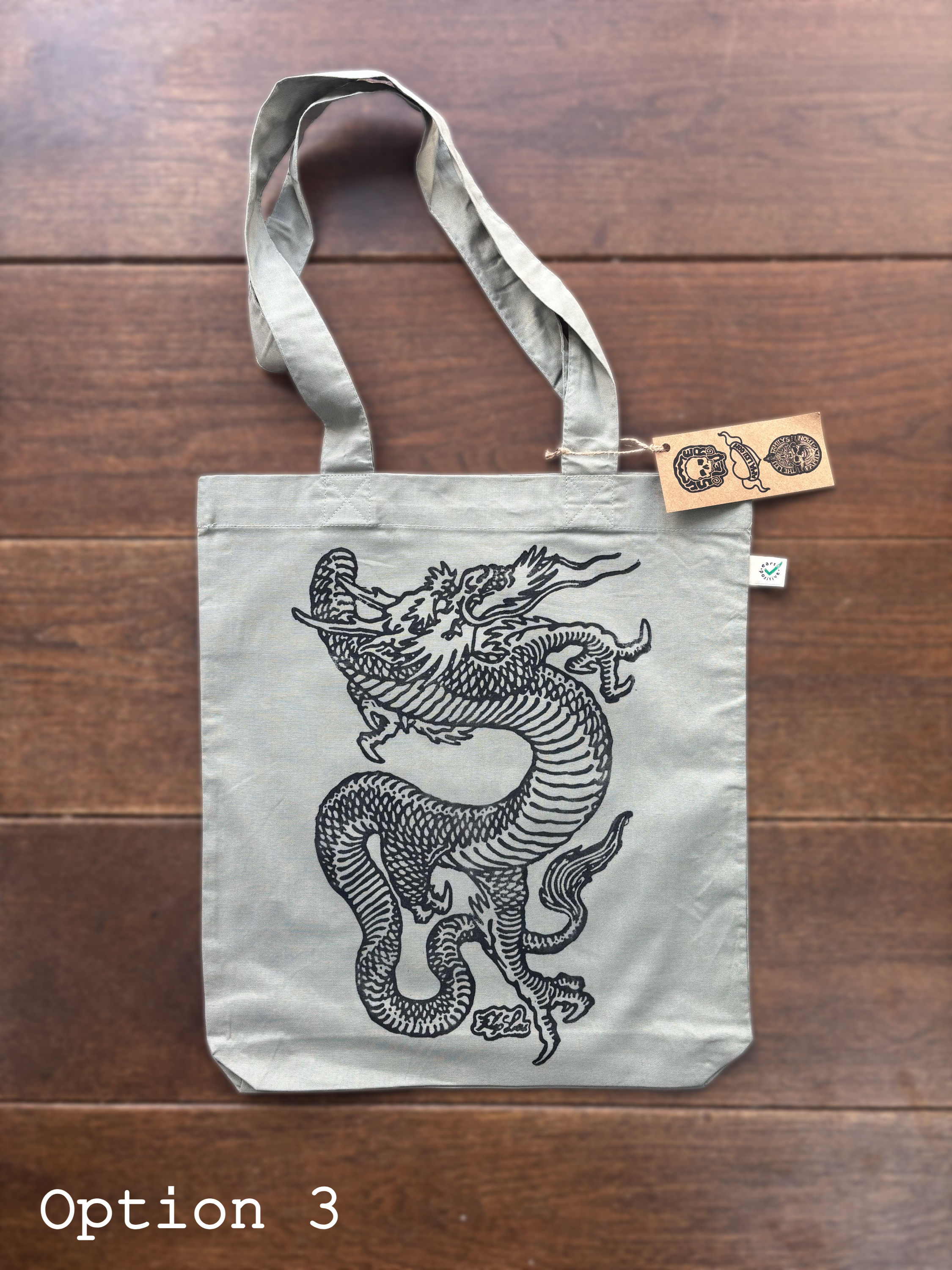 Lino-Print Dragon Tote Bag in Light Olive