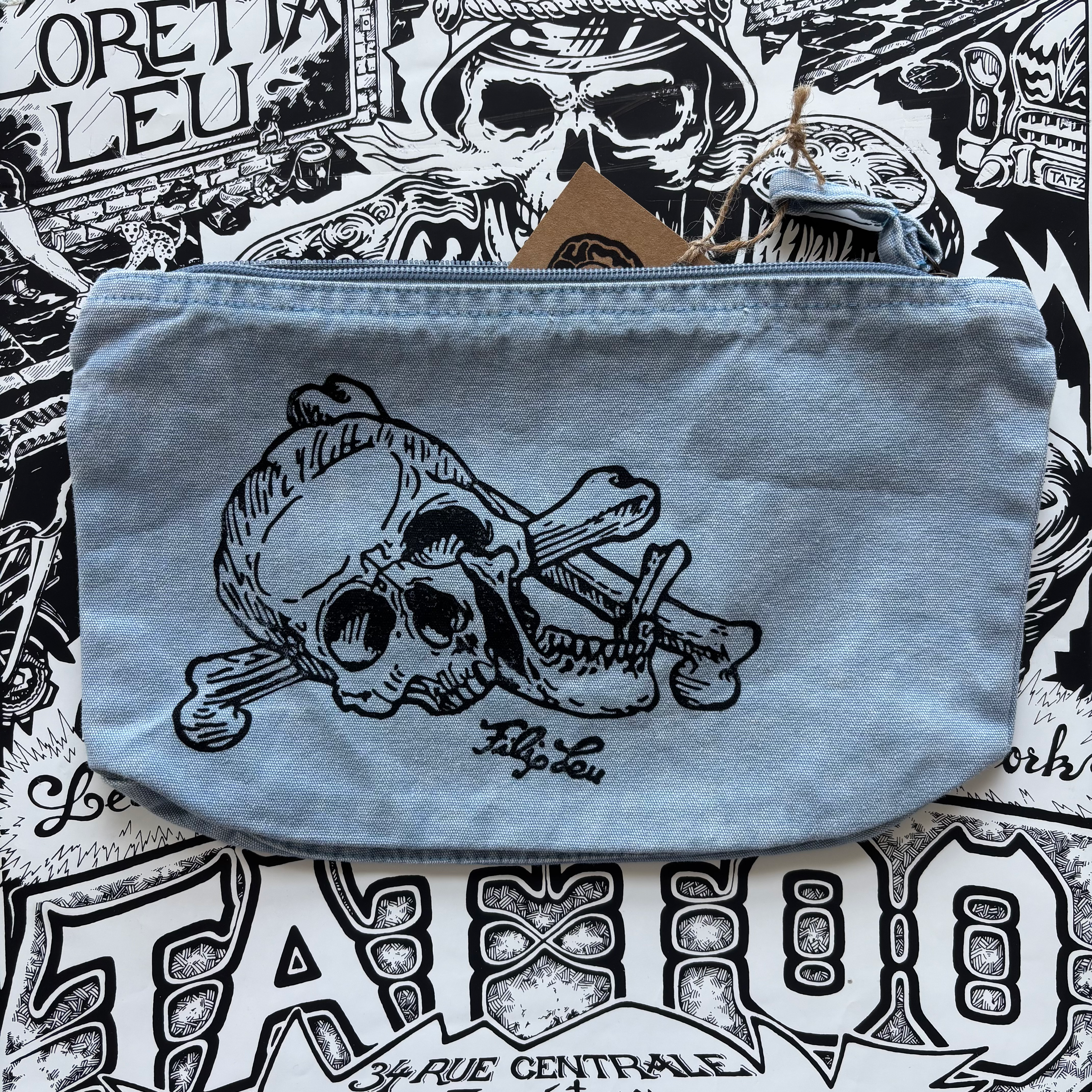 Lino Print Skull & Bones Pouch in Light Blue