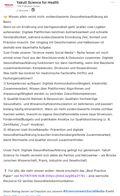 Screenshot-Auszug eines LinkedIn-Beitrags anlässlich des Events "Science meets Social Media" für Yakult Science for Health, geschrieben von Rebecca Mischke