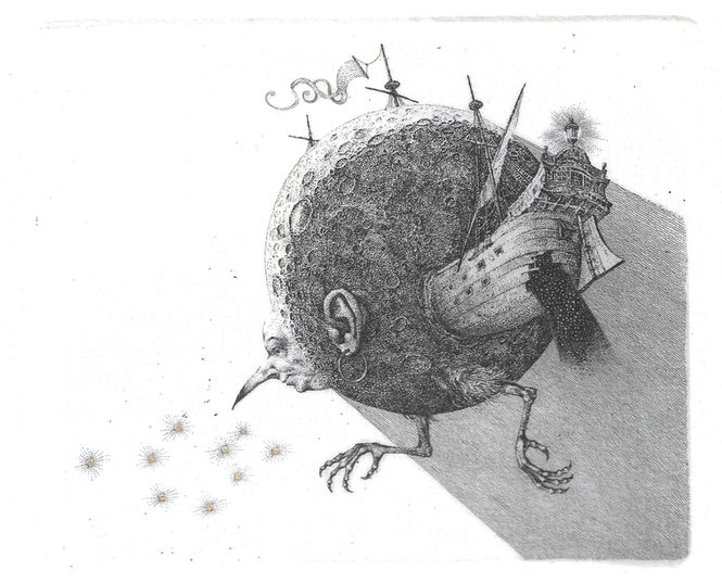 Konstantin Kalynovych – Hidden Life on the Moon, 2021. Etching, drypoint