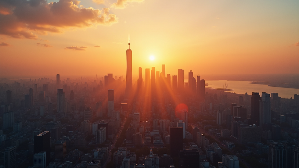 Eye-level view of a city skyline at sunset