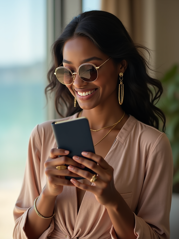 Lifestyle photography of an elegant Black woman in luxurious travel attire, smiling softly