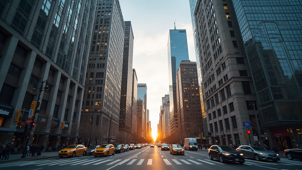 Eye-level view of a city skyline with stock market influence